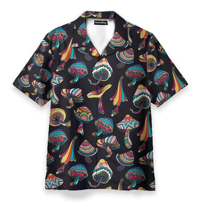 Black short-sleeved hawaiian shirt with vibrant psychedelic mushroom personality pattern for hippie logo theme streetwear