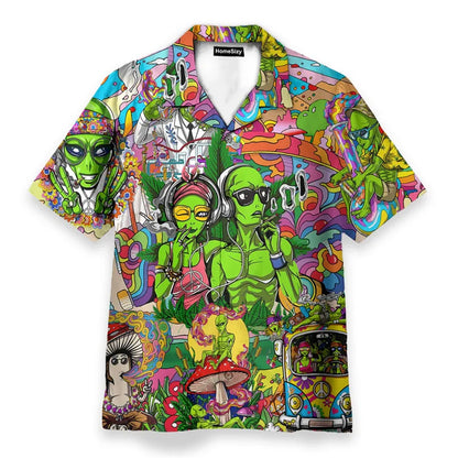 Vibrant psychedelic mushroom personality streetwear button shirt with hippie logo theme green aliens and colorful print