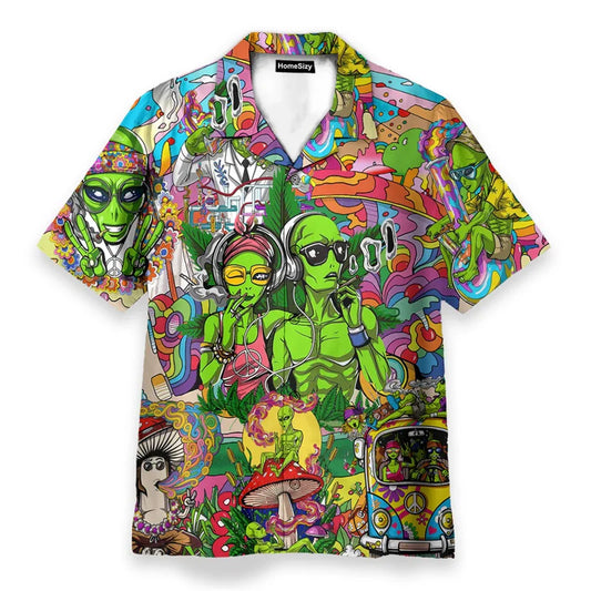 Vibrant psychedelic mushroom personality streetwear button shirt with hippie logo theme green aliens and colorful print