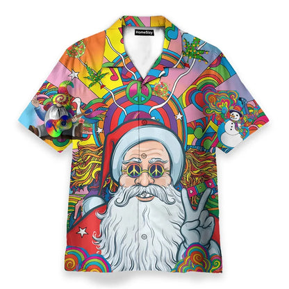 Vibrant psychedelic hawaiian shirt featuring santa claus with peace sign eyes in hippie logo theme personality streetwear button style