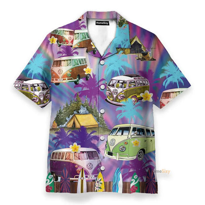 Vibrant hawaiian hippie logo theme shirt with psychedelic mushroom personality print in purple blue green and pink hues
