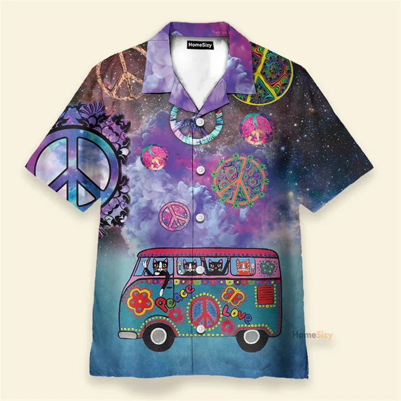 Vibrant purple and blue galaxy-themed hippie logo theme summer shirt with psychedelic mushroom personality cats design