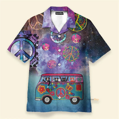Vibrant purple and blue galaxy-themed hippie logo theme summer shirt with psychedelic mushroom personality cats design