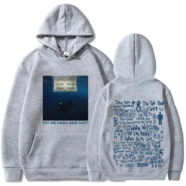 Gray fleece pullover soft tour hoodie billie with front underwater graphic and back blue handwritten lyrics print