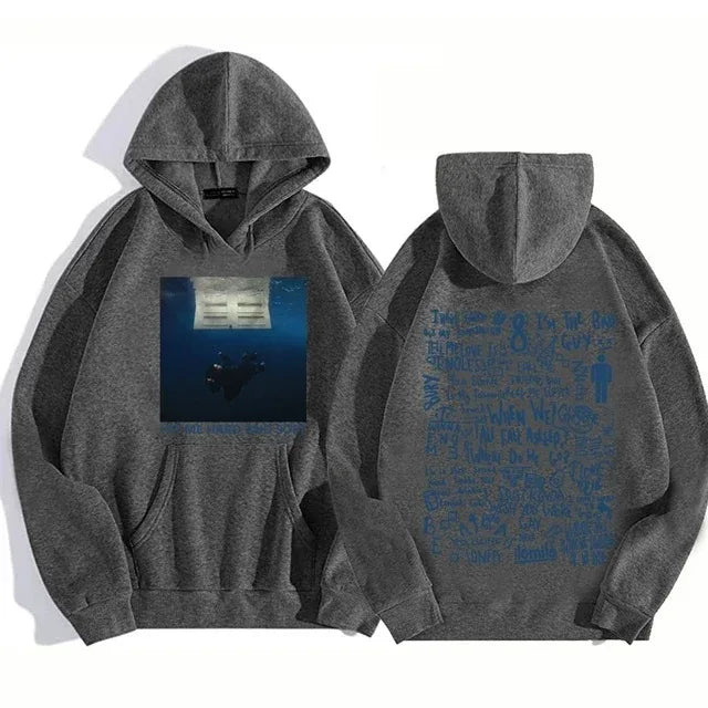 Gray heathered soft tour hoodie billie with graphic printing autumn underwater scene and blue handwritten text on back