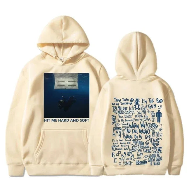 Cream-colored soft tour hoodie with demi lovato album graphic front and blue ink lyrics on back fleece sweatshirt