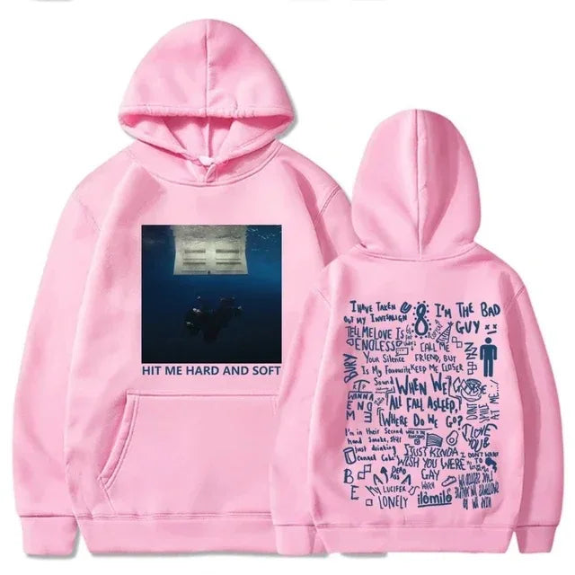 Pink fleece pullover soft tour hoodie featuring graphic printing autumn design with hit me hard and soft album art