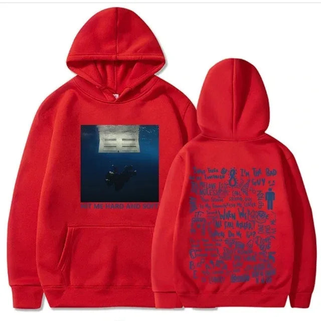 Red hooded soft tour hoodie billie featuring graphic printing autumn underwater scene on front and text design on back