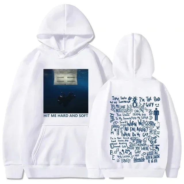 White fleece pullover hoodie featuring graphic printing of ilsey j album cover for soft tour hoodie billie fans autumn winter