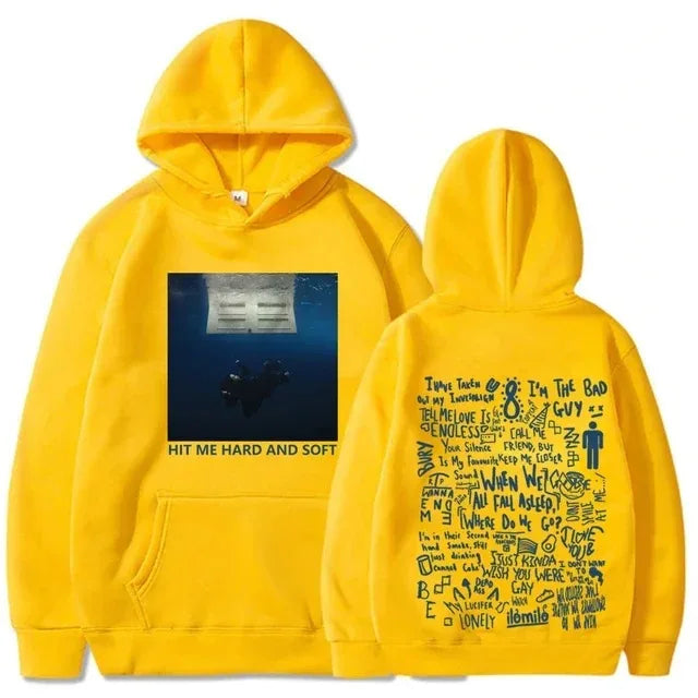 Bright yellow soft tour hoodie with underwater graphic front and black handwritten style lyrics on back for autumn winter