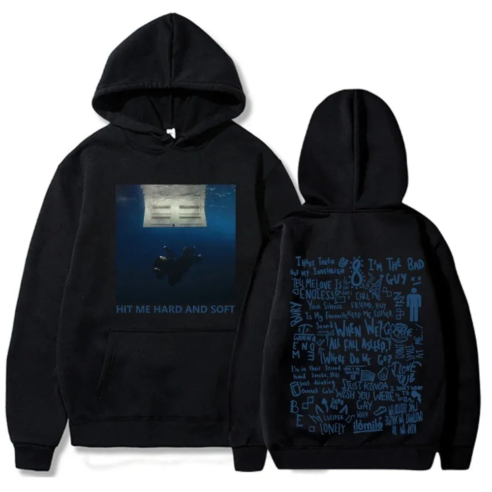 Black soft tour hoodie featuring billie graphic printing autumn front underwater scene and lyrics on back fleece pullover