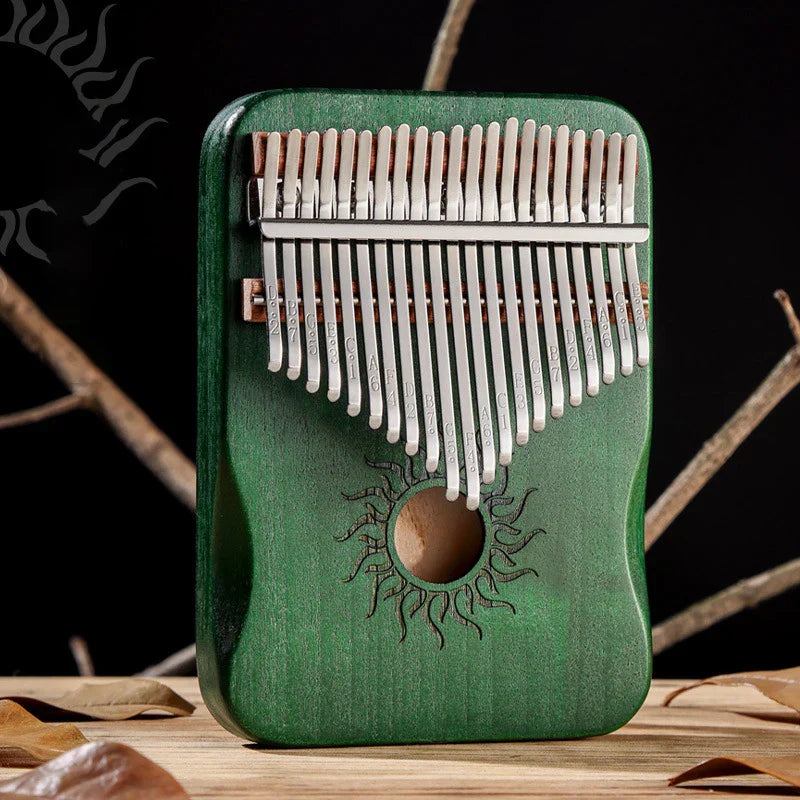 Green wooden hluru 17 21 keys kalimba finger piano with silver metal tines and sun-engraved sound hole musical instrument mbira