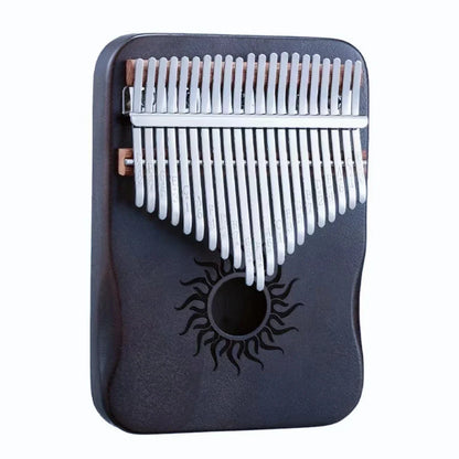 Black wooden hluru kalimba finger piano with silver metal tines and sun emblem for beginner musical instrument mbira