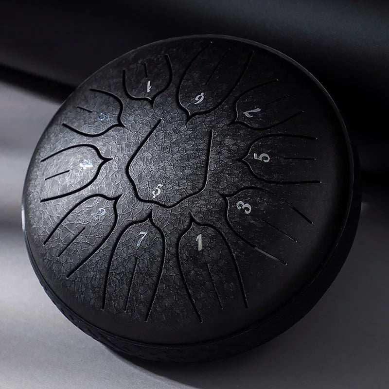 Black hammered steel hluru glucophone steel tongue drum with 11 numbered finger holes for yoga meditation percussion