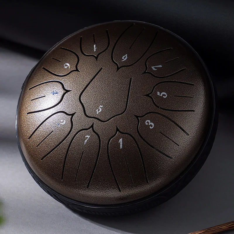 Bronze hluru glucophone steel tongue drum with 11 numbered notes textured hand-finished surface for yoga meditation percussion