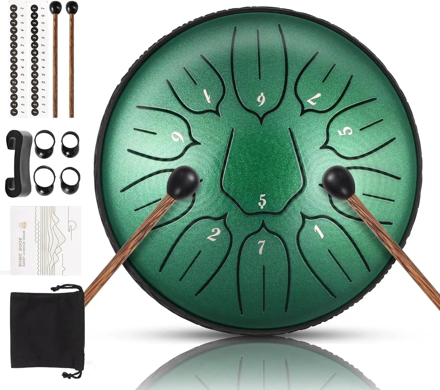 Green metallic hluru glucophone steel tongue drum with numbered tone sections and black drumsticks for yoga meditation percussion