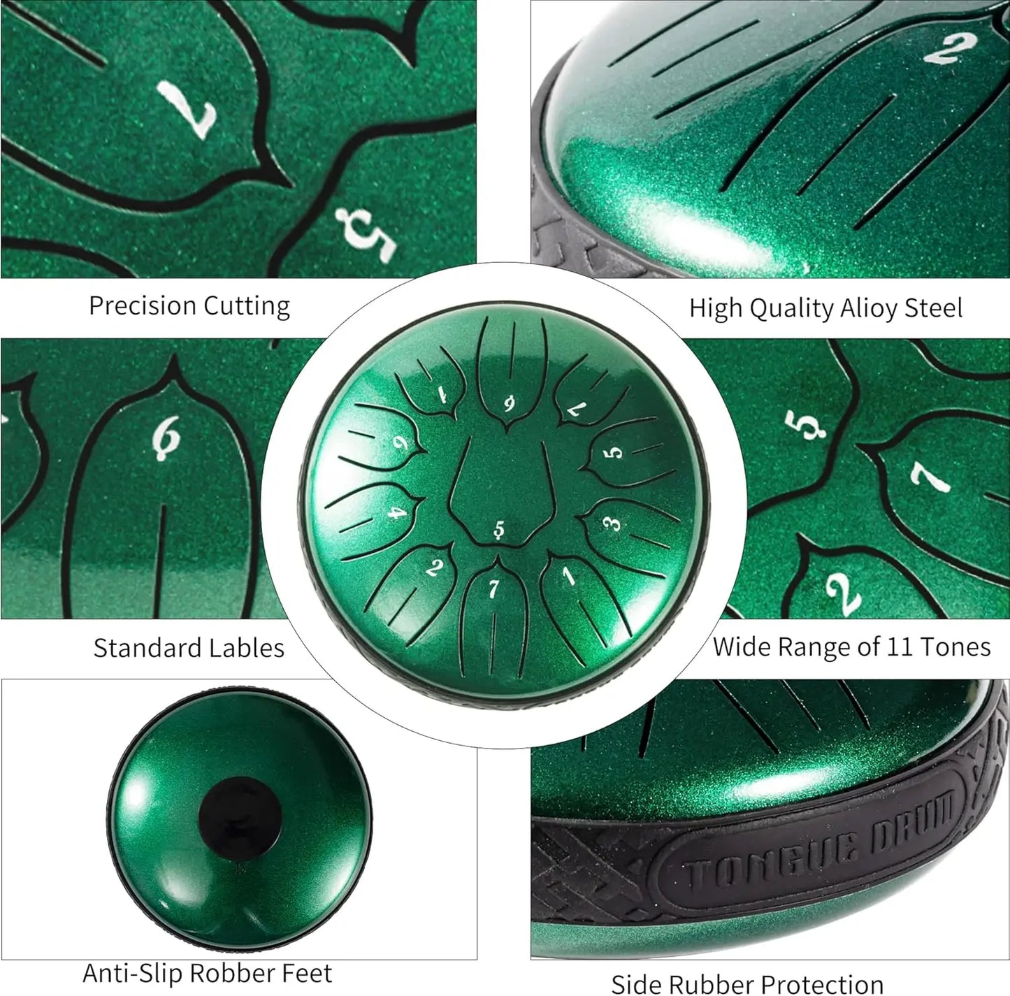 Green metallic hluru glucophone steel tongue drum with leaf-shaped tone chambers and white number labels for yoga meditation percussion