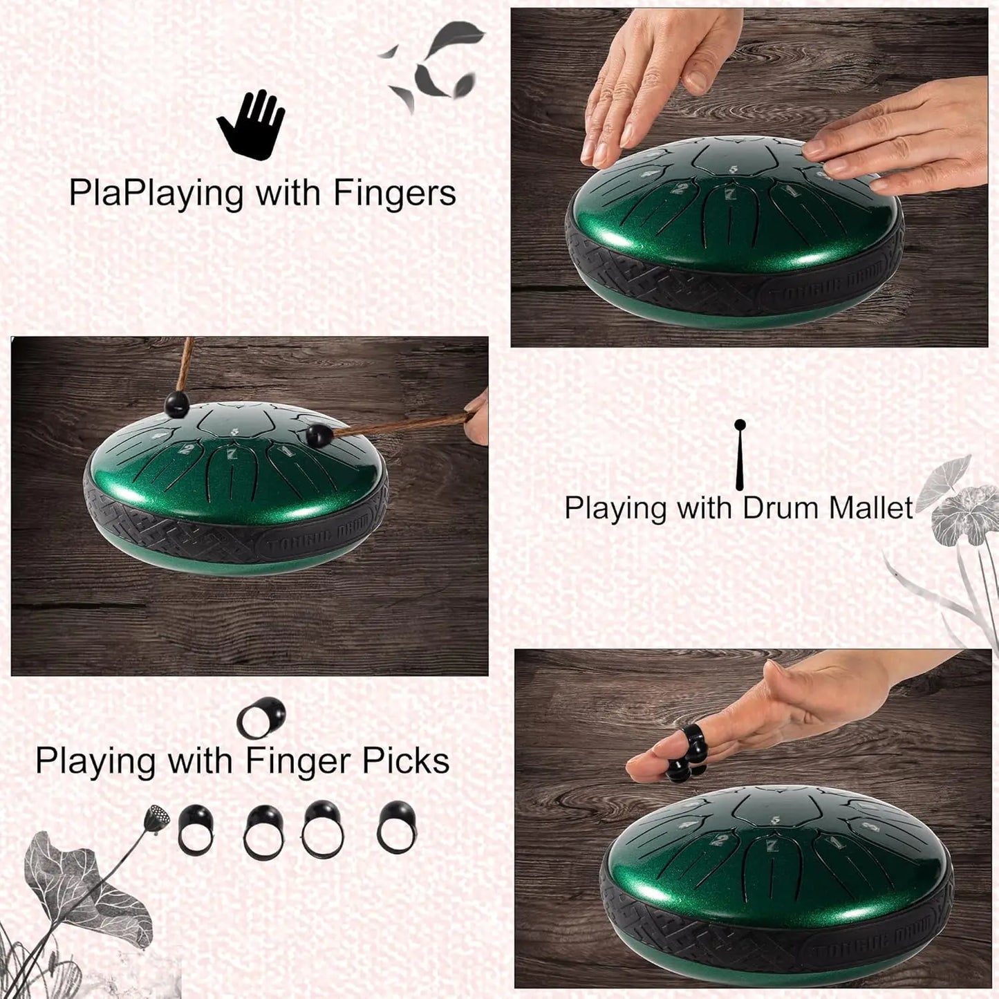A sleek metallic green hluru glucophone steel tongue drum with engraved sound patterns for yoga meditation percussion