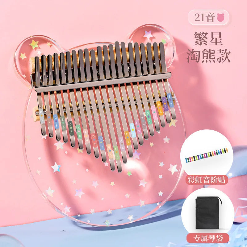 Clear bear-shaped crystal acrylic kalimba with 21 colorful keys for beginners and child keyboard instrument use