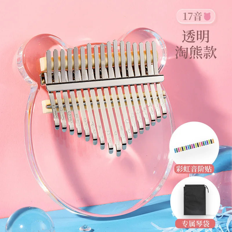 Transparent bear-shaped crystal acrylic kalimba with 17 silver-toned tines key thumb piano for child keyboard instrument