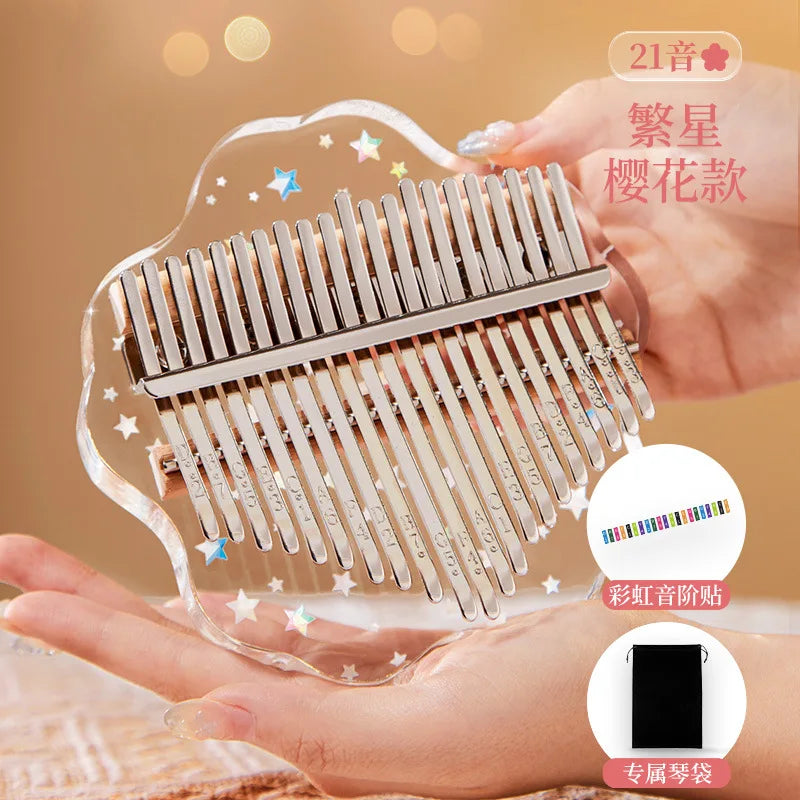 Hluru crystal acrylic kalimba key thumb piano with silver tines and star decals child keyboard instrument