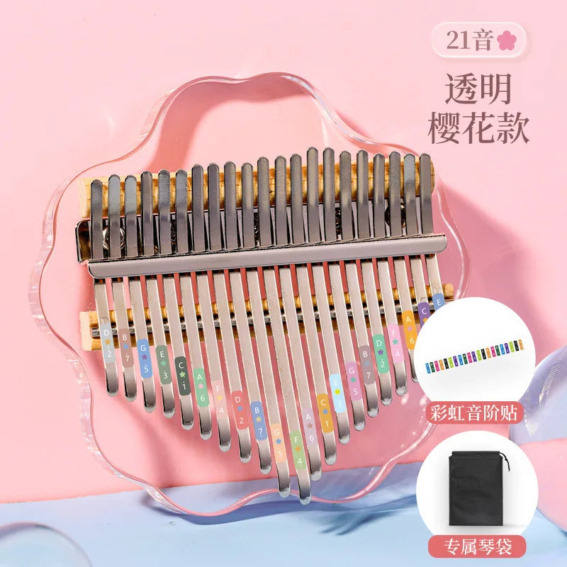 Transparent cherry blossom-shaped 21-key crystal acrylic kalimba with rainbow tuning stickers key thumb piano for children