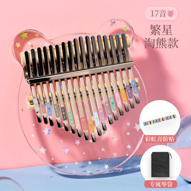 Clear bear-shaped 17-key crystal acrylic kalimba with rainbow note stickers, a child keyboard instrument and key thumb piano