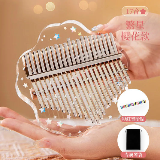 Hluru transparent crystal acrylic kalimba key thumb piano with silver tines and star decals child keyboard instrument