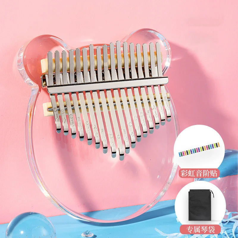 Clear bear-shaped crystal acrylic kalimba with silver metal tines and white tuning pegs key thumb piano for beginners and children