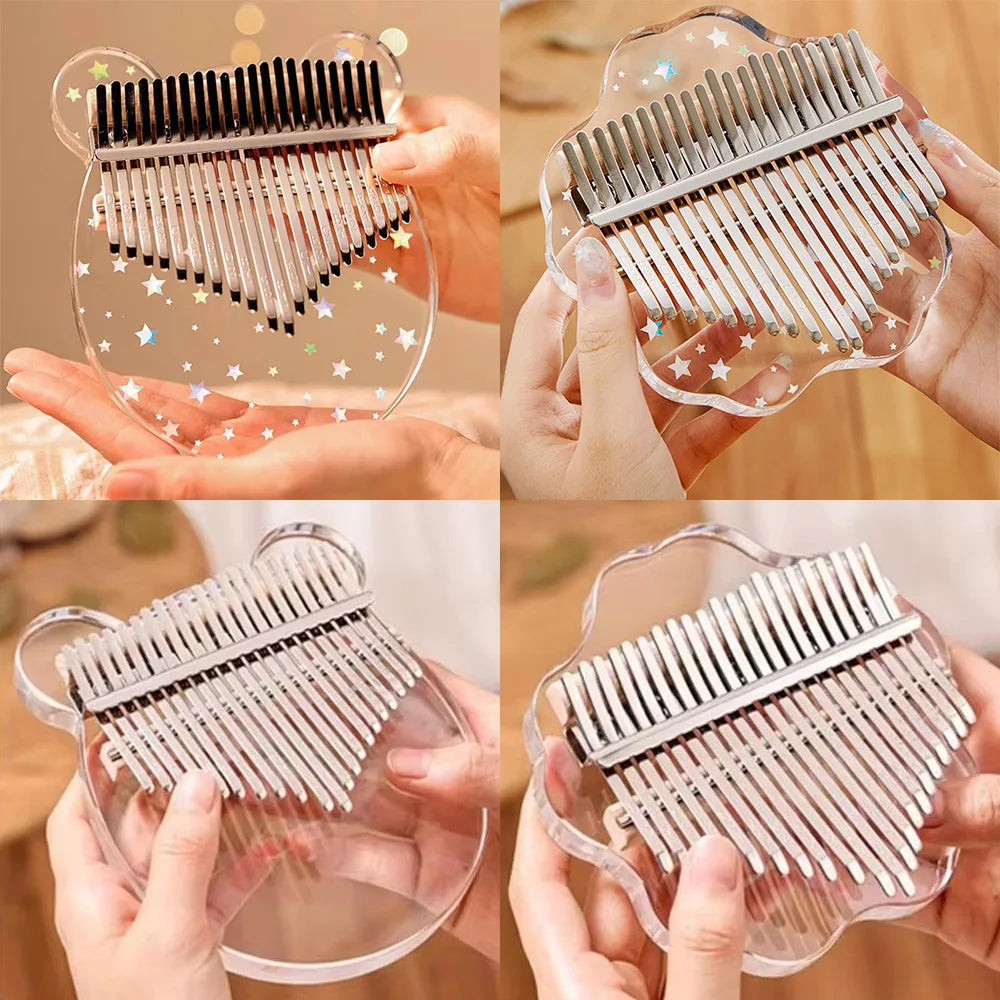 Clear acrylic bear-shaped crystal acrylic kalimba with silver tines and star decals key thumb piano for beginners and children