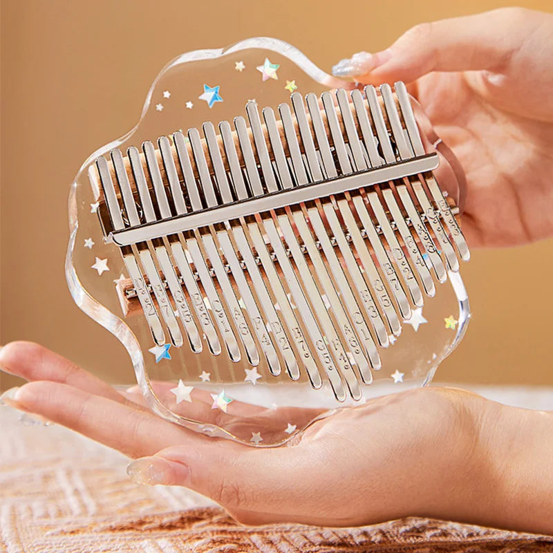 Transparent cloud-shaped crystal acrylic kalimba with silver metal tines and star decals key thumb piano for children