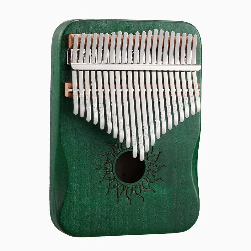 Hluru kalimba finger piano in green wood with silver metal tines and sun design for beginner music lover gifts