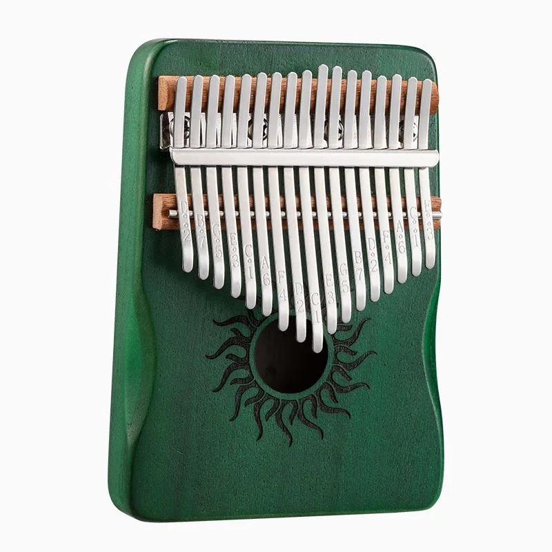 Green wooden hluru kalimba finger piano with silver tines and sun etching for beginner music lover thumb piano keyboard