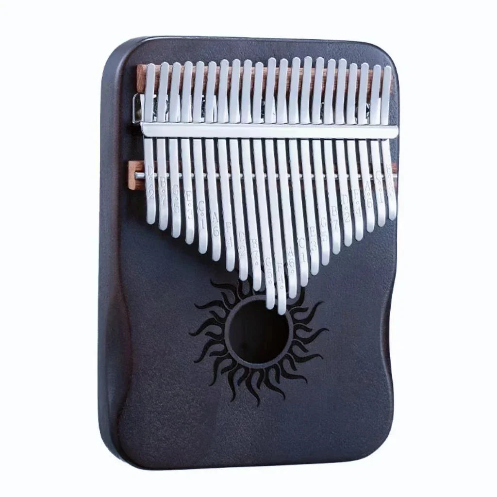 Black wooden hluru kalimba finger piano with silver metal tines and sun emblem thumb piano keyboard for beginner music lover