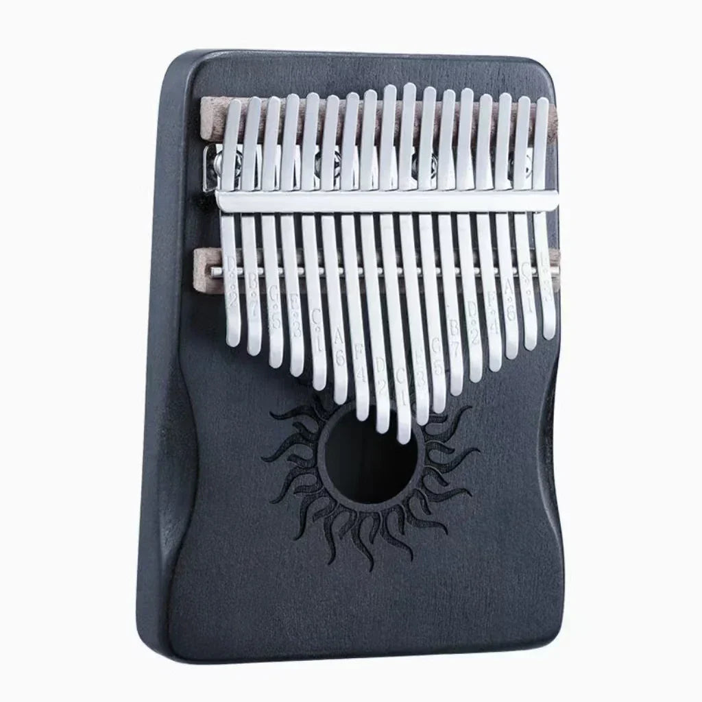 Black wooden Hluru kalimba finger piano with silver metal tines and sun motif for beginner music lover gifts