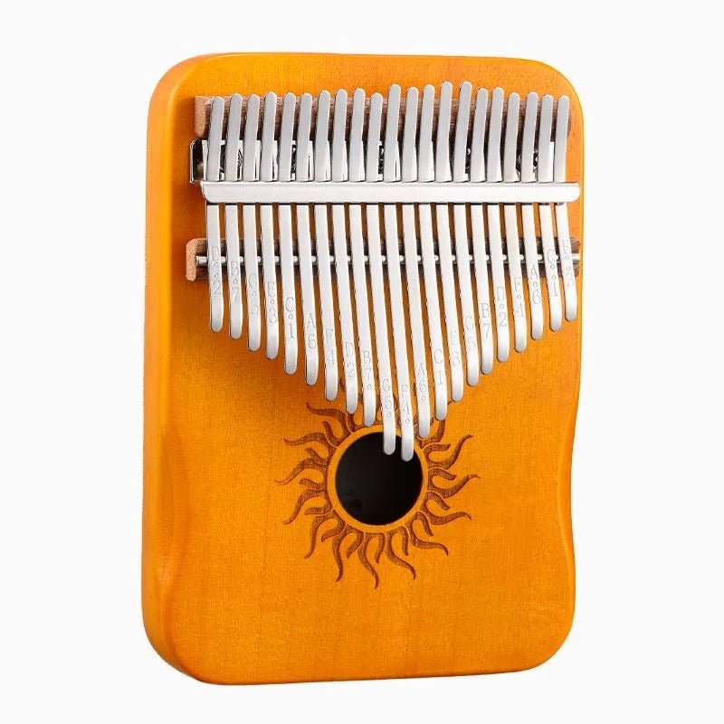 Orange wooden hluru kalimba finger piano with silver metal tines and sun design for beginner music lover gifts thumb piano keyboard