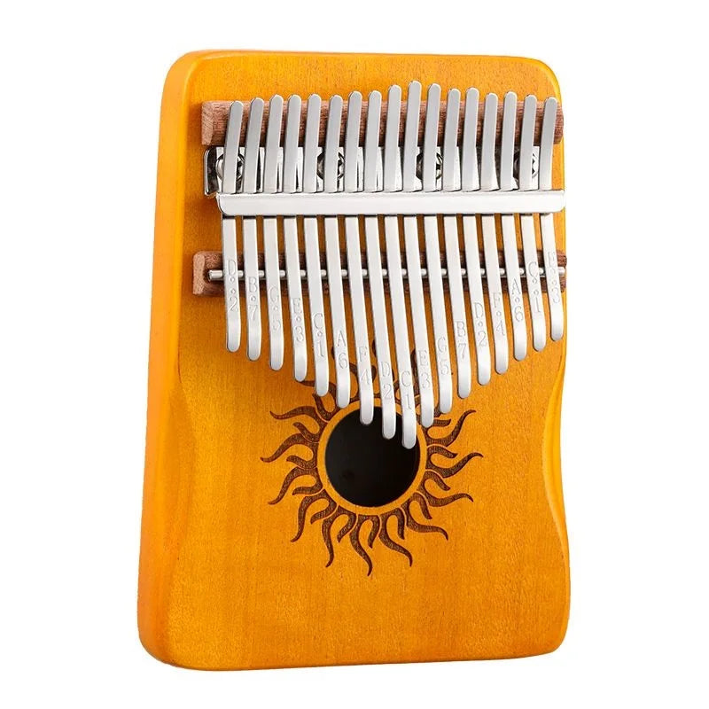 Orange wooden hluru kalimba finger piano with silver metal tines sun design thumb piano keyboard for beginner music lover