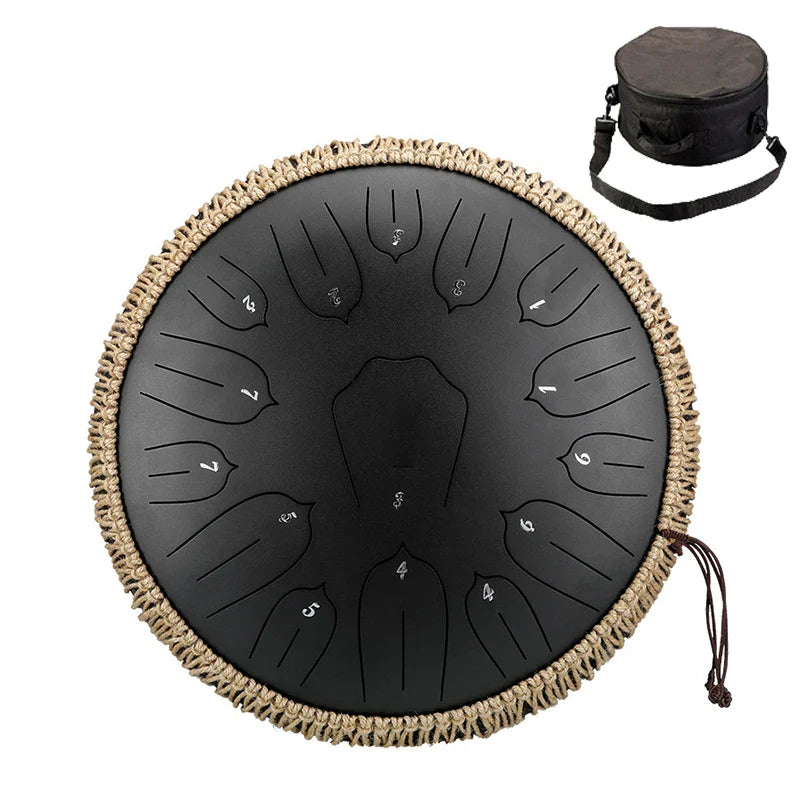 Hluru Music black steel tongue drum 13 inch with woven rope edge and numbered playing sections for percussion