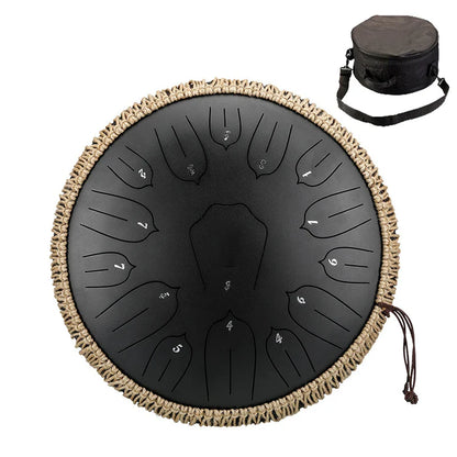 Hluru Music black steel tongue drum 13 inch with woven rope edge and numbered playing sections for percussion