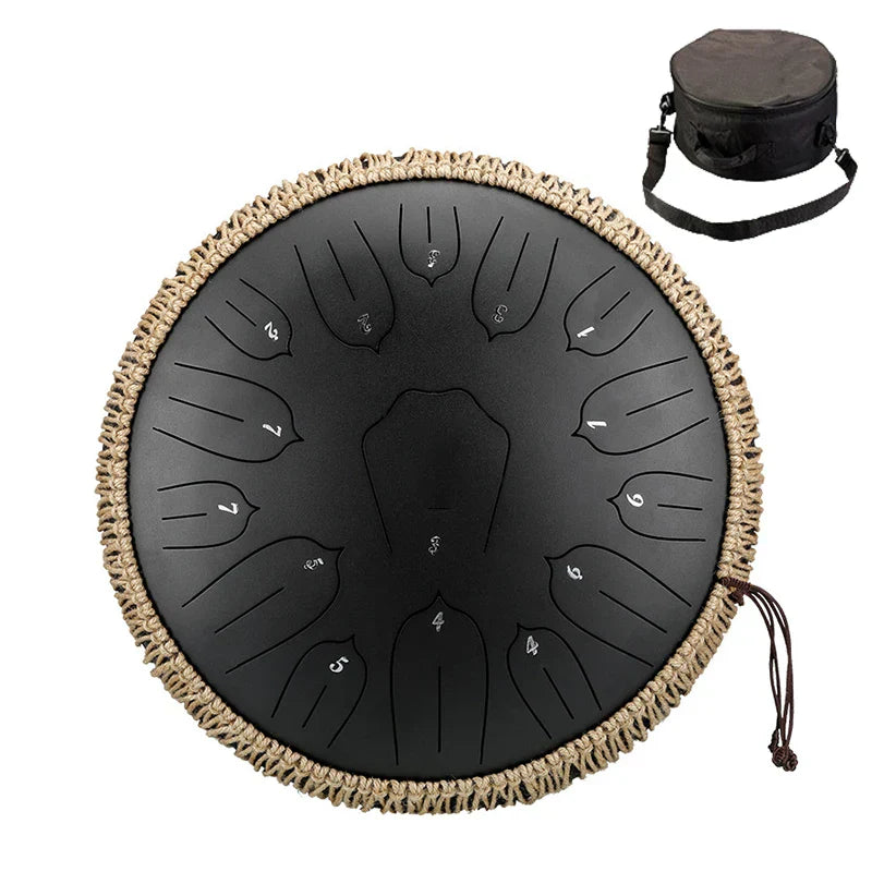Black steel hluru music tongue drum with woven beige rope edge and 15 numbered tone ethereal drum sections