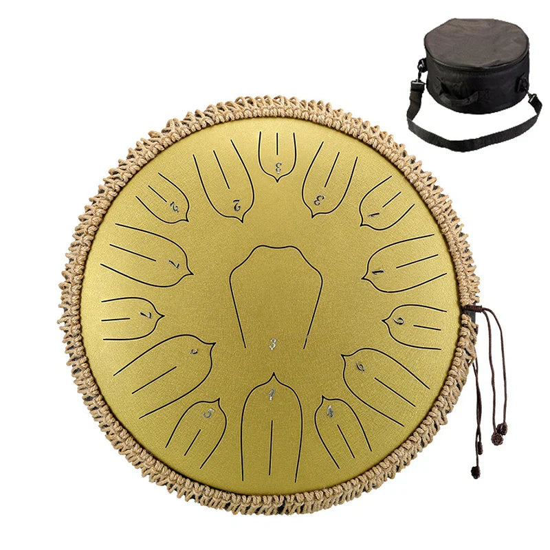 Golden Hluru music drum 13 inch steel tongue drum with woven rope border and engraved finger positions tone ethereal drum