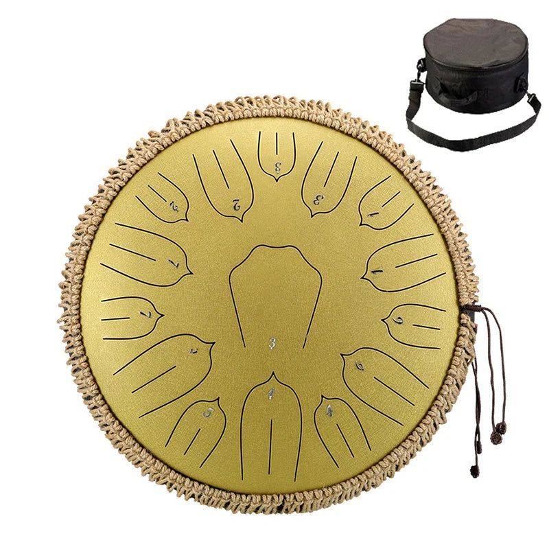 Golden-hued hluru music 13 inch steel tongue drum with 15 notes and braided rope edge with black carrying case