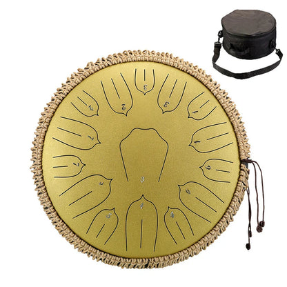 Golden-hued hluru music 13 inch steel tongue drum with 15 notes and braided rope edge with black carrying case