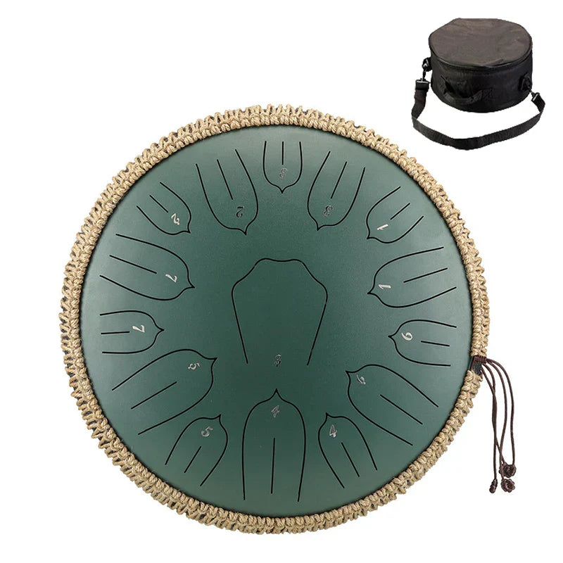 Teal hluru music drum 14-note steel tongue drum with woven rope rim and numbered tone ethereal drum sections