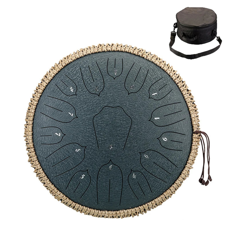 Dark gray steel tongue drum with woven natural fiber rim and numbered sections for ethereal percussion music
