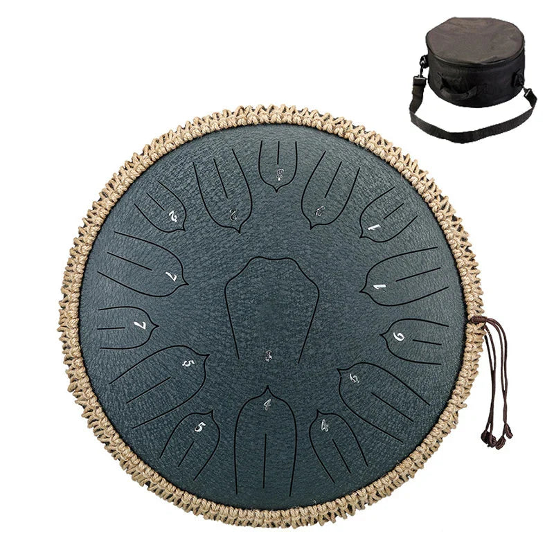 Dark gray hluru music tongue drum with woven natural fiber rim and numbered 15 notes for tone ethereal drum play
