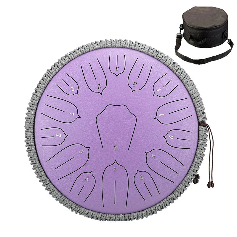 Purple 14-note steel tongue drum with gray braided edge and black case by hluru music drum tone ethereal drum instrument