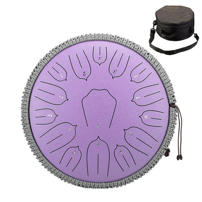 Purple 14-note steel tongue drum with gray braided edge and black carrying case for Hluru Music drum percussion instrument