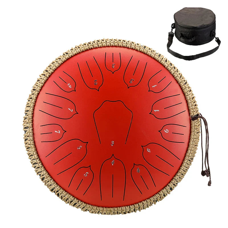 Vibrant red hluru music tongue drum with woven natural fiber rim and black engraved markings tone ethereal drum