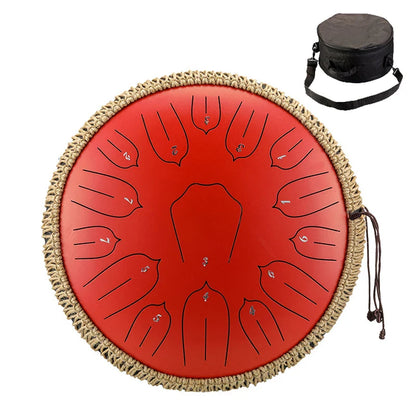 Vibrant red Hluru Music tongue drum 13 inch steel tongue drum with woven rim and black number markings, no spray paint forms